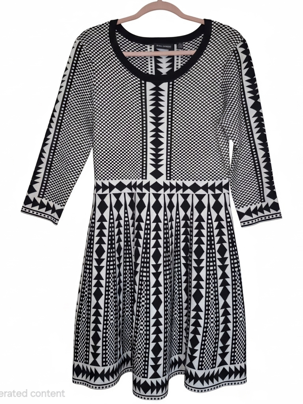 Nina Leonard Black & White Geometric Long-Sleeve Fit-and-Flare Dress